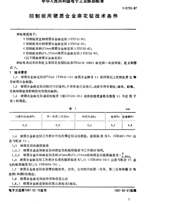 SJ 2755-1987 印制板用硬质合金麻花钻技术条件
