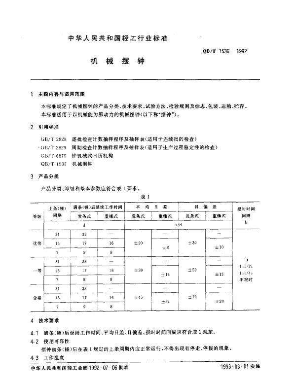 QBT 1536-1992 机械摆钟