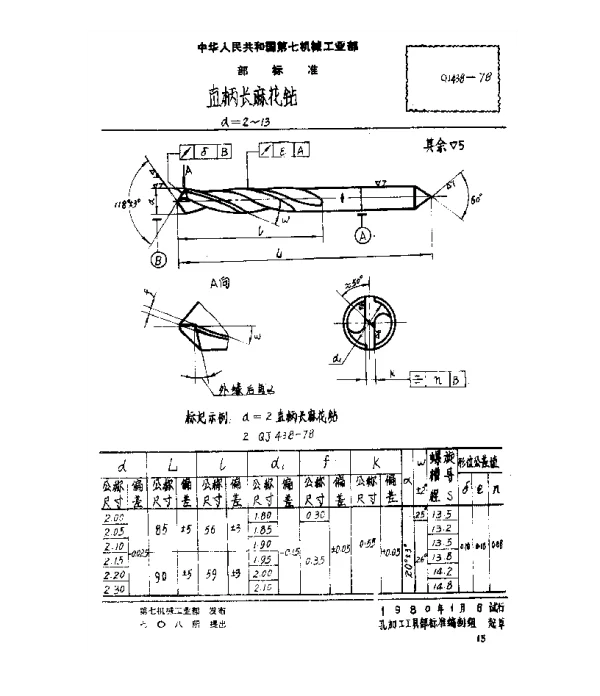 QJ 438-1978 直柄长麻花钻(d=2~13)