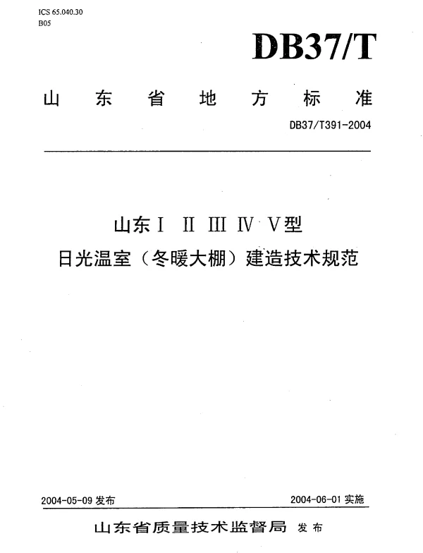 DB37T 391-2004 山东ⅠⅡⅢⅣⅤ型日光温室（冬暖大棚）建造技术规范