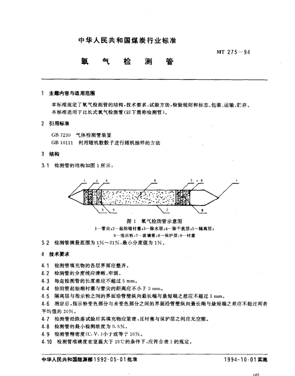 MT 275-1994 氧气检测管
