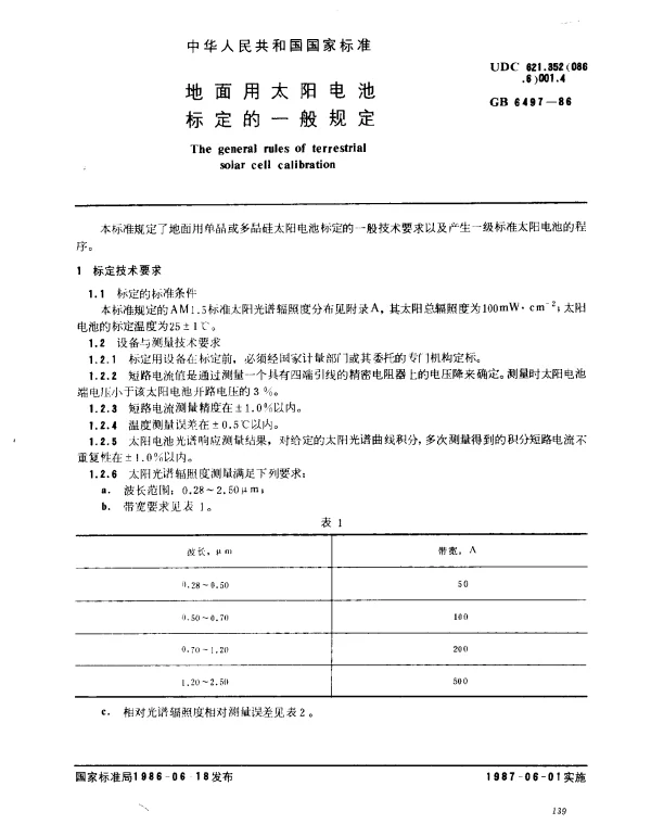 GB 6497-1986 地面用太阳电池标定的一般规定