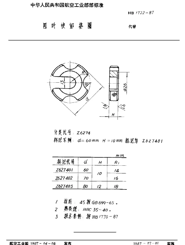 HB 1722-1987 四叶快卸垫圈