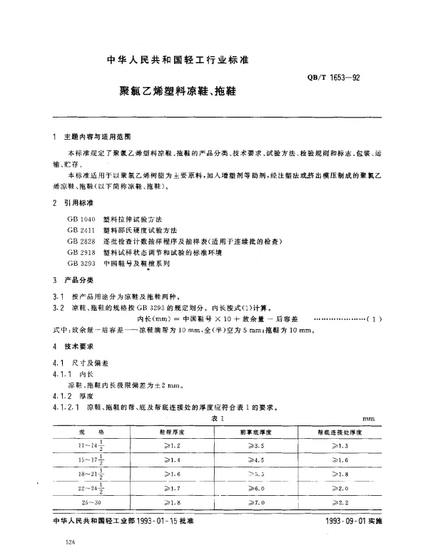 QBT 1653-1992 聚氯乙烯塑料凉鞋、拖鞋