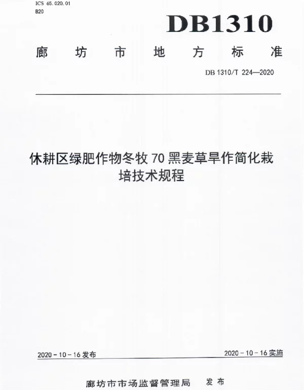 DB1310T 224-2020 休耕区绿肥作物冬牧70黑麦草旱作简化栽培技术规程