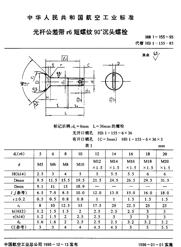 HB 1-155-1995 光杆公差带r6短螺纹90°沉头螺栓
