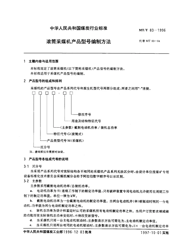 MTT 83-1996 滚筒采煤机产品型号编制方法