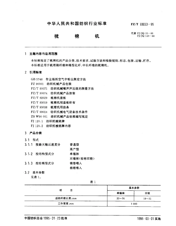 FZT 93033-1995 梳棉机