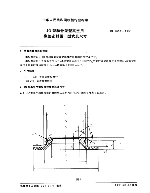 JB 1091-1991 JO型和骨架型真空用橡胶密封圈 型式及尺寸