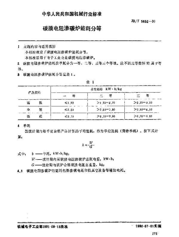 JBT 5632-1991 碳膜电阻渗碳炉 能耗分等