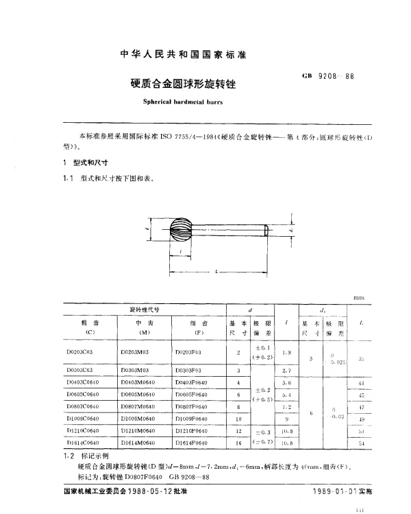 GB 9208-1988 硬质合金圆球形旋转锉