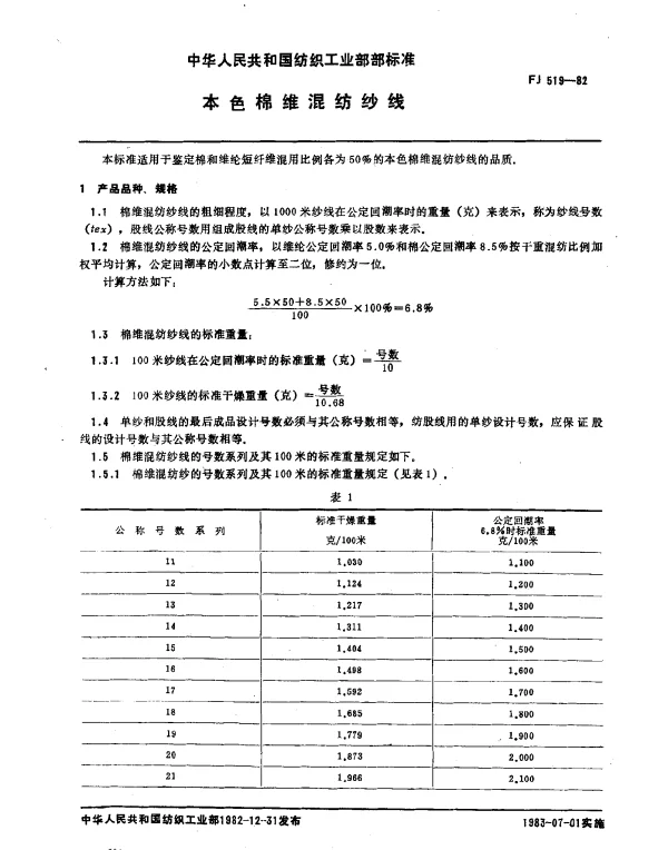 FJ 519-1982 本色棉维混纺纱线