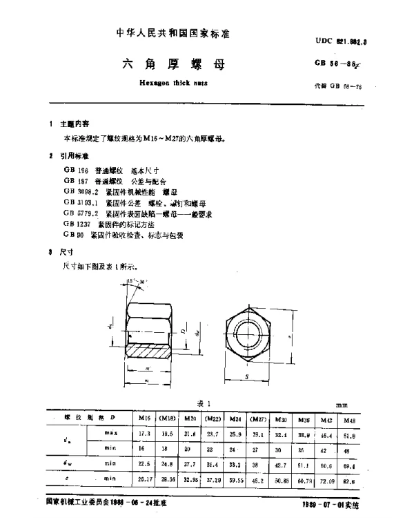 GB 56-1988 六角厚螺母