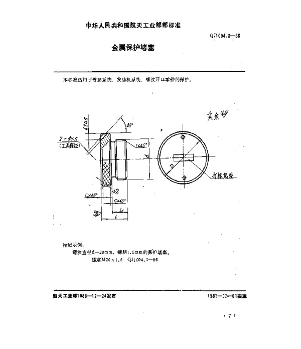 QJ 1094.3-1986 塑料和金属保护件 金属保护堵塞