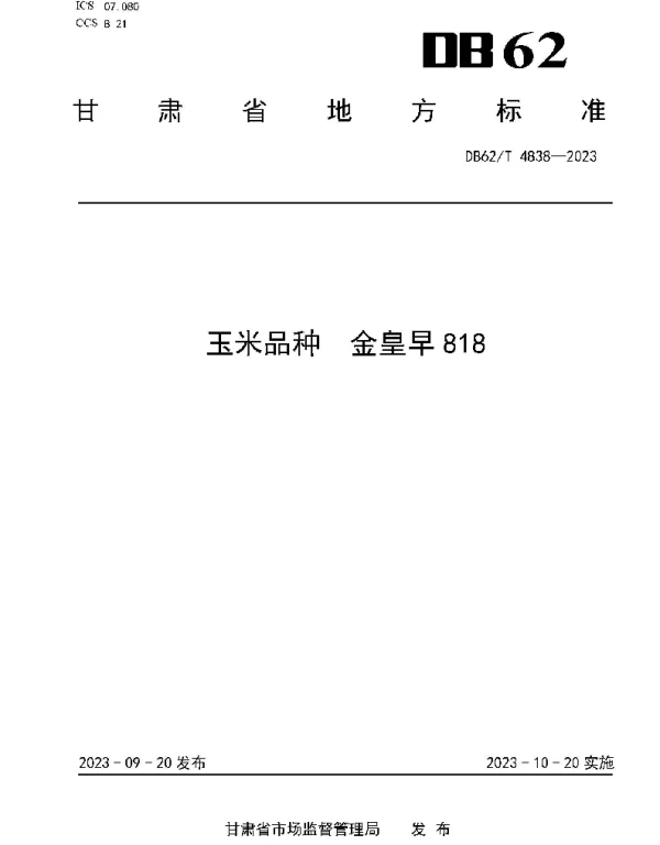 DB62T 4838-2023 玉米品种 金皇早818