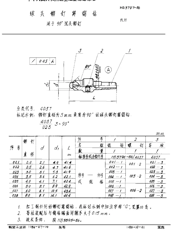 HB 3797-1986 球头铆钉窝锪钻 用于90°沉头铆钉