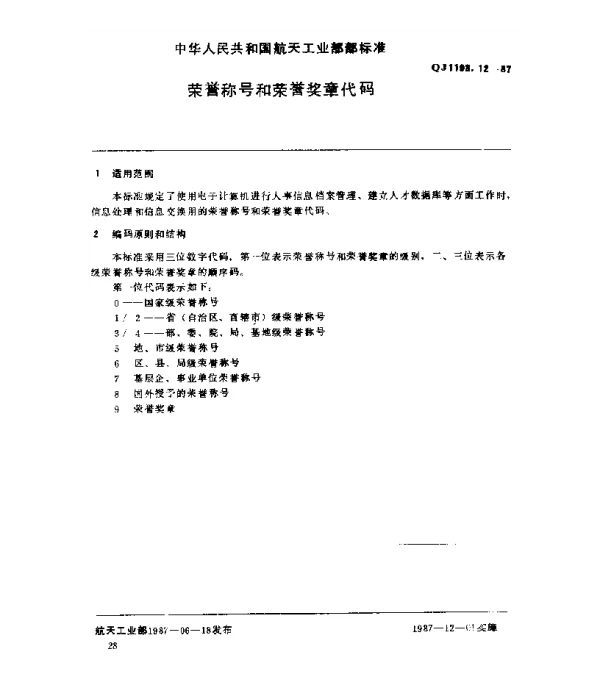 QJ 1193.12-1987 人事系统数据元 荣誉称号和容誉奖章代码