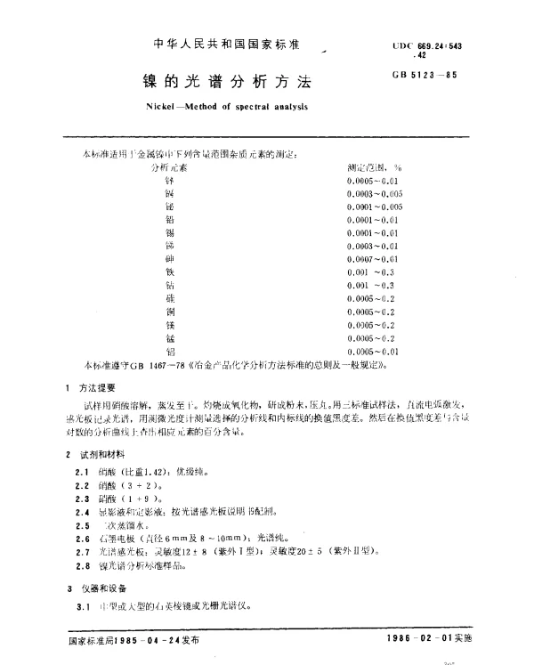GB 5123-1985 镍的光谱分析方法