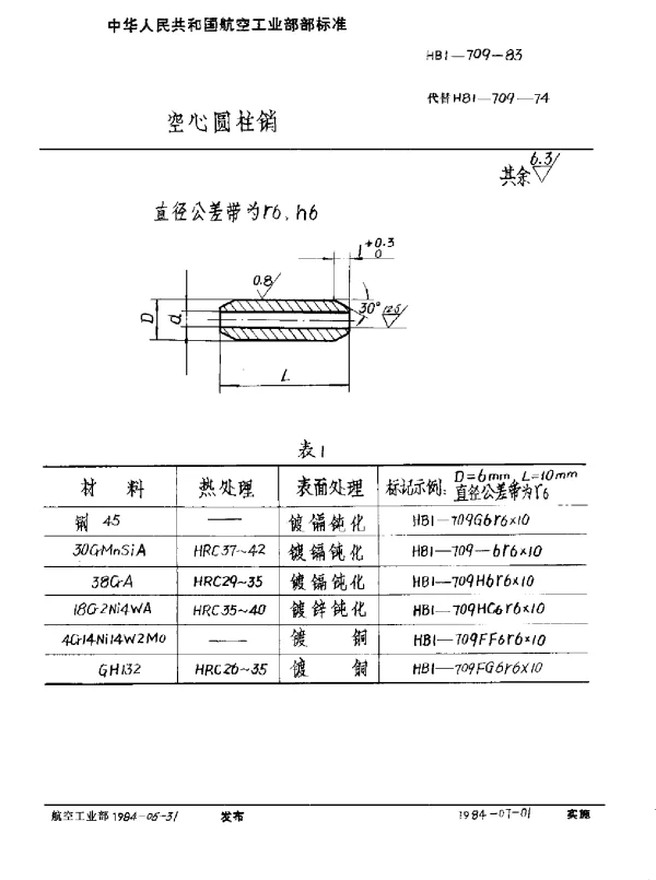 HB 1-709-1983 空心圆柱销