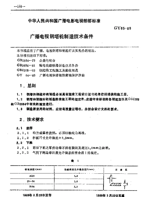GY 65-1989 广播电视钢塔桅制造技术条件