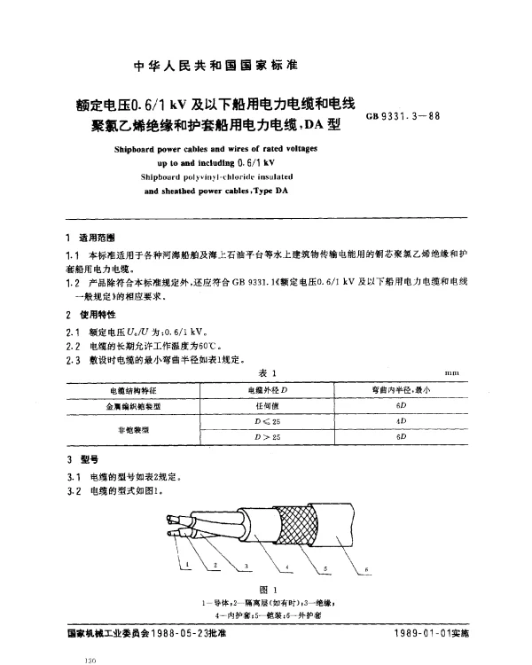 GB9331.3-1988额定电压0.61kV及以下船用电力电缆和电线聚氯乙烯绝缘和护套