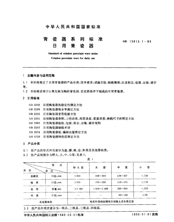 GB 10813.1-1989 青瓷器系列标准 日用青瓷器