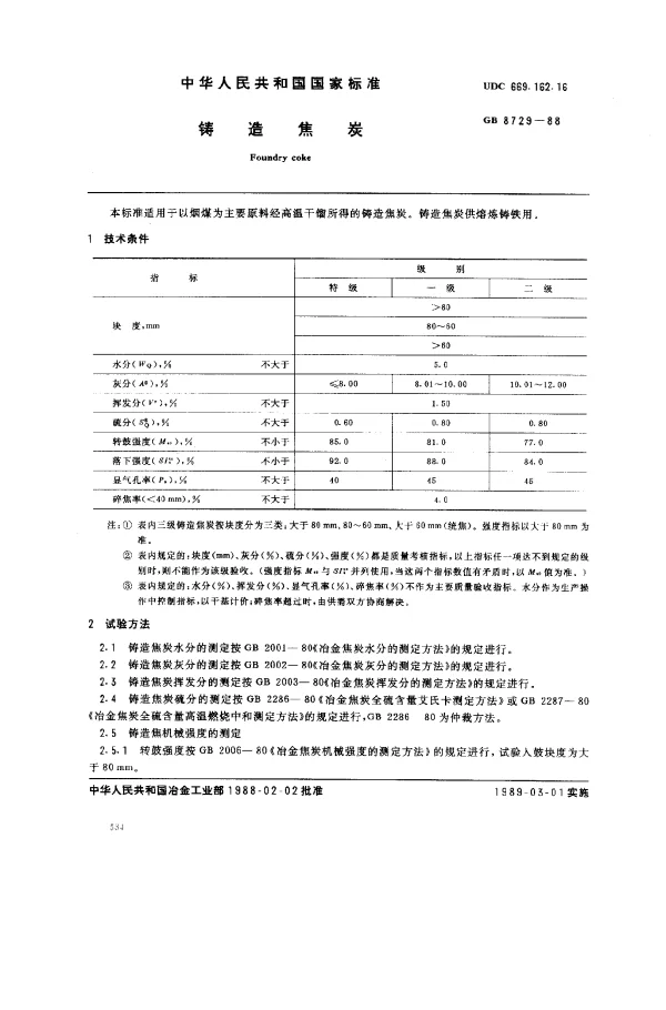 GB 8729-1988 铸造焦炭
