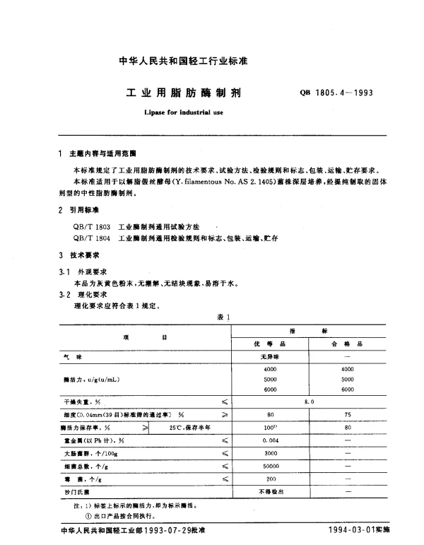 QB 1805.4-1993 工业用脂肪酶制剂