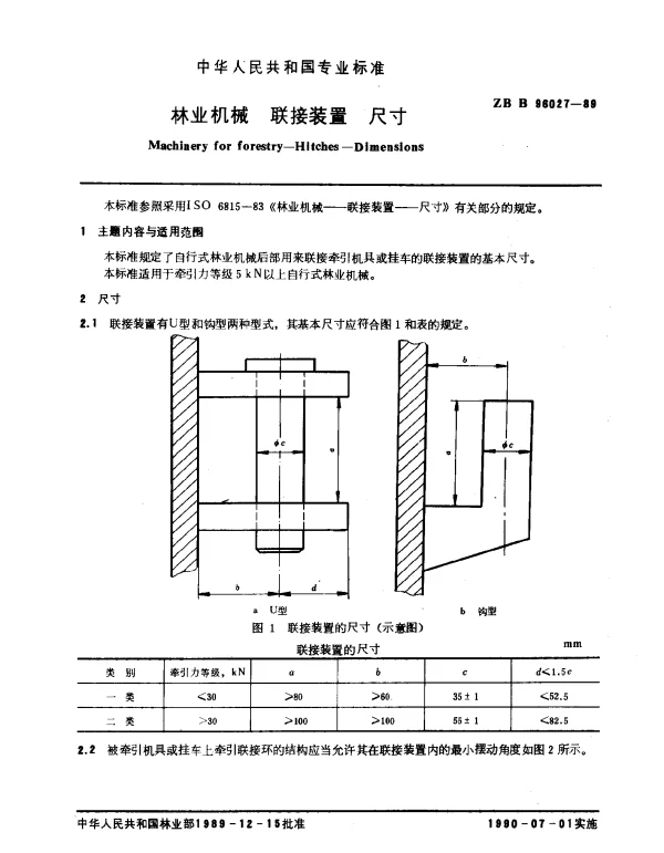 ZB B 96027-1989 林业机械 联接装置 尺寸