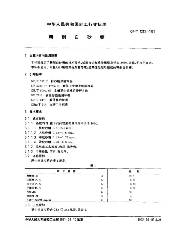 QBT 1213-1991 精制白砂糖