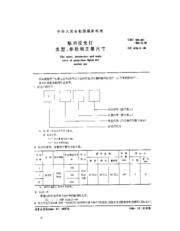 GB 4124.3-1984 船用投光灯类型、参数和主要尺寸