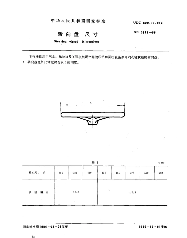 GB 5911-1986 转向盘尺寸