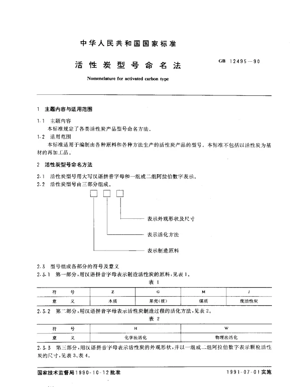 GB 12495-1990 活性炭型号命名法
