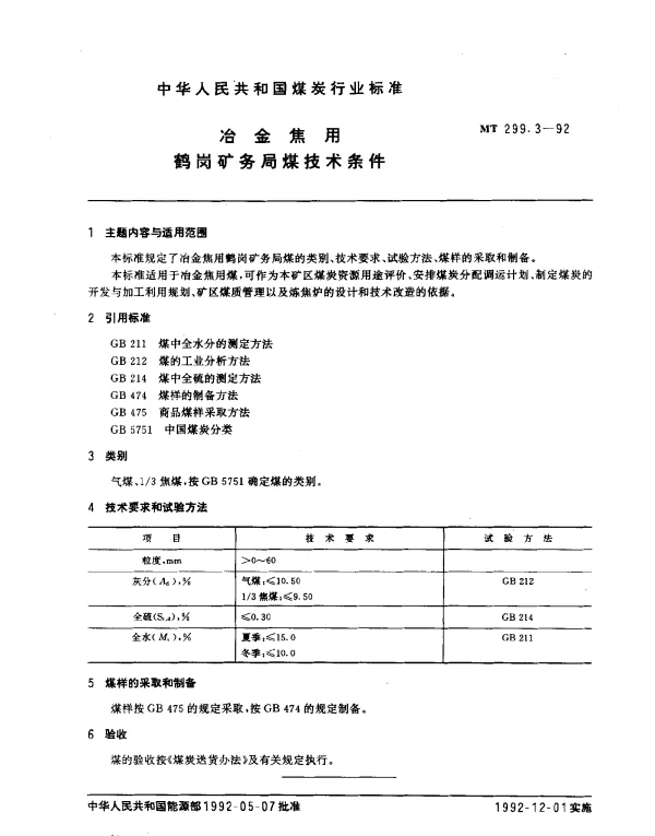 MT 299.3-1992 冶金焦用鹤岗矿务局煤技术条件