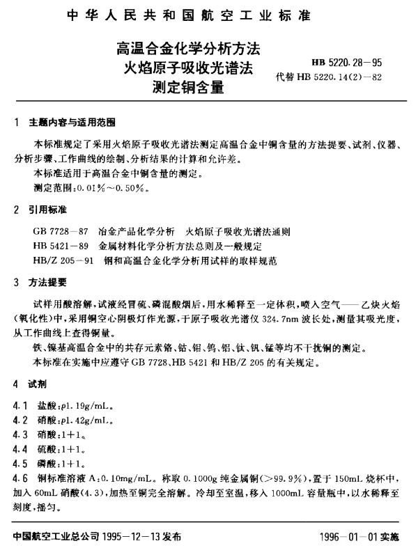 HB 5220.28-1995 高温合金化学分析方法 火焰原子吸收光谱法测定铜含量