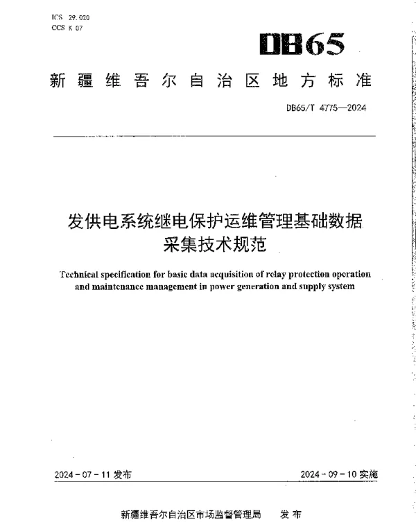 DB65T 4775-2024 发供电系统继电保护运维管理基础数据采集技术规范
