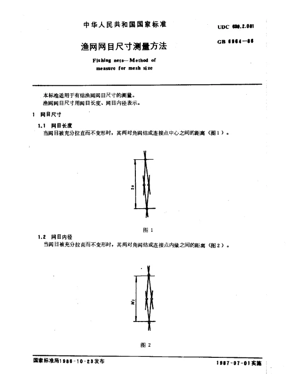 GB 6964-1986 渔网网目尺寸测量方法