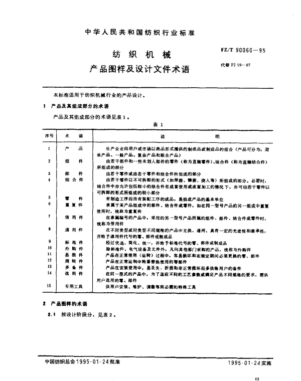 FZT 90060-1995 纺织机械 产品图样及设计文件术语