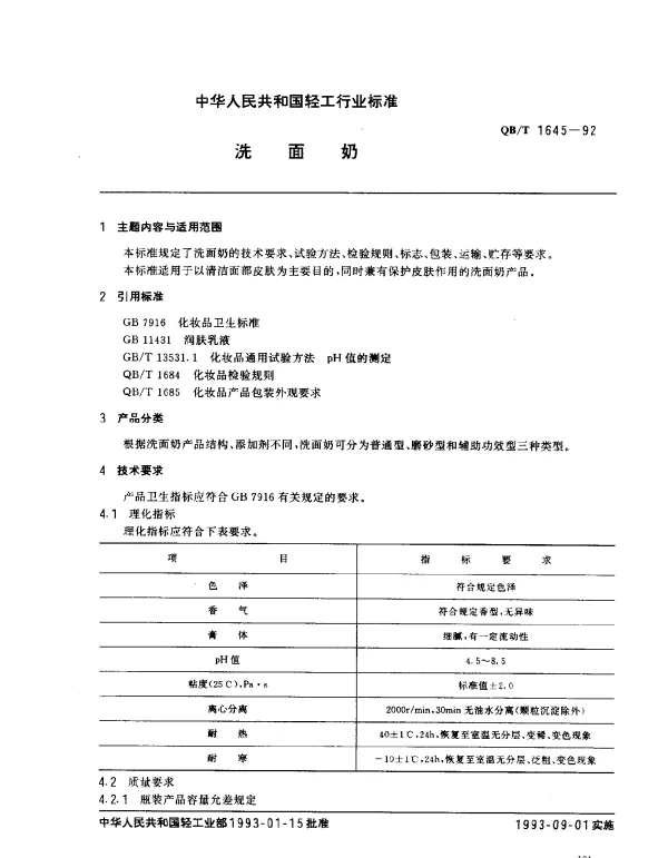 QBT 1645-1992 洗面奶