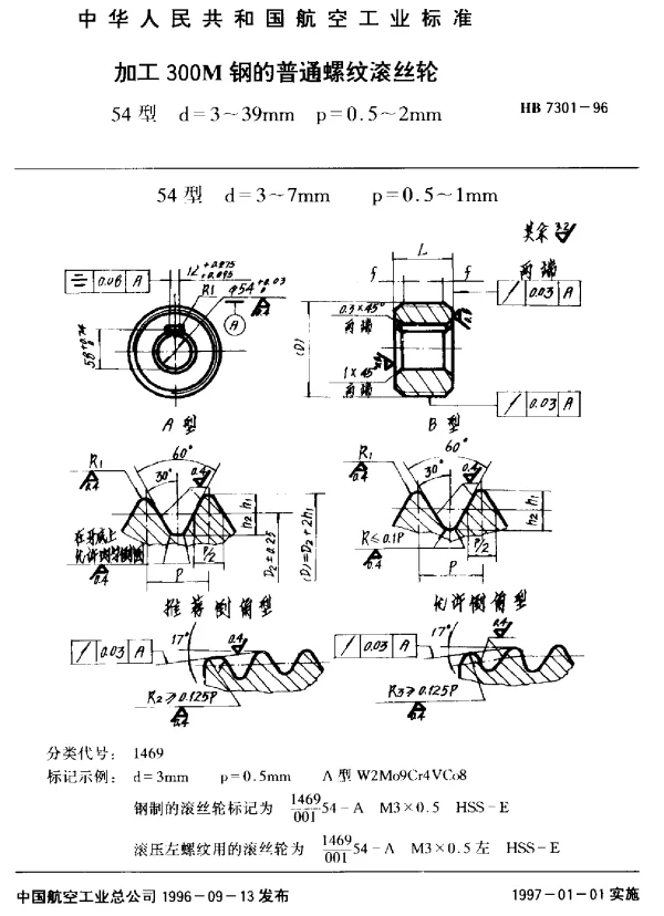 HB 7301-1996 加工300M钢的普通螺纹滚丝轮.54型 d=3~38nn p=0.5~2mm