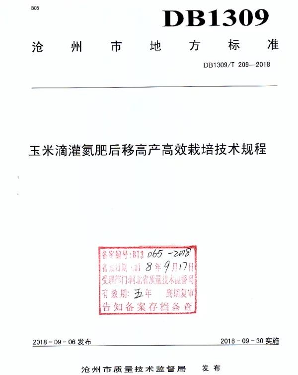 DB1309T 209-2018 玉米滴灌氮肥后移高产高效栽培技术规程