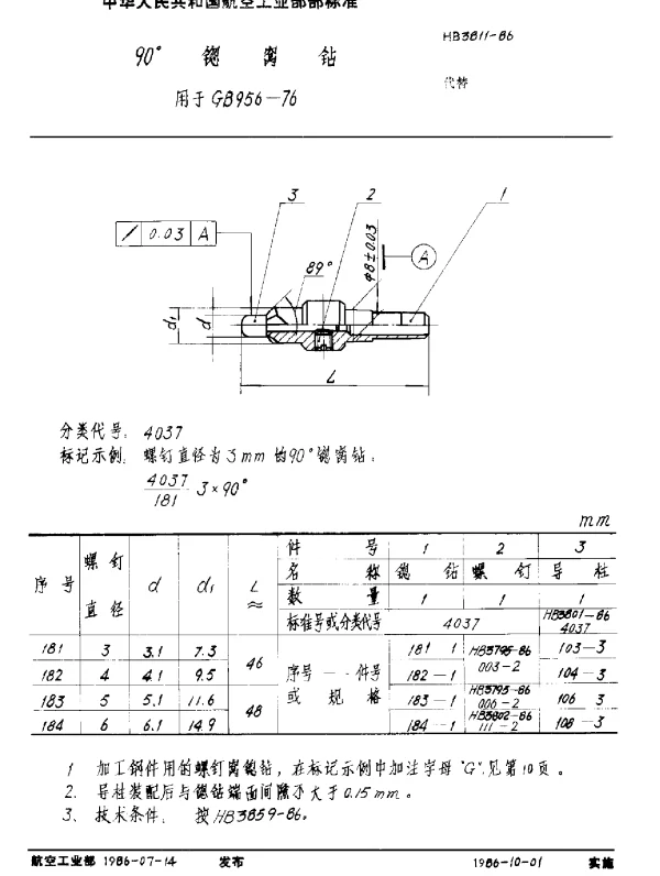 HB 3811-1986 90°锪窝钻 用于GB 956-76