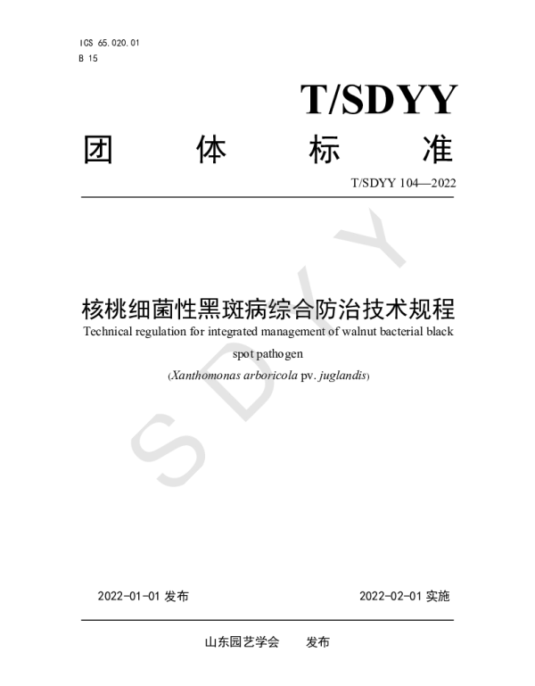 TSDYY 104-2022 核桃细菌性黑斑病综合防治技术规程