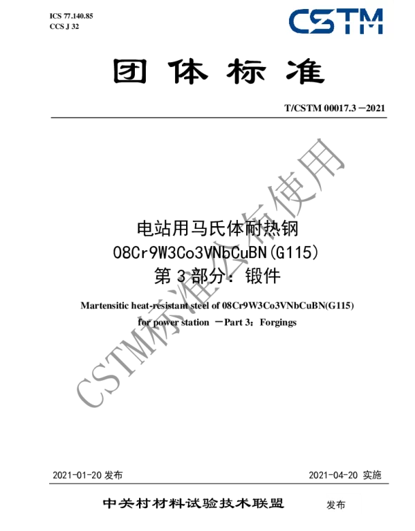 TCSTM 00017.3-2021 电站用马氏体耐热钢08Cr9W3Co3VNbCuBN(G115)  第3部分：锻件