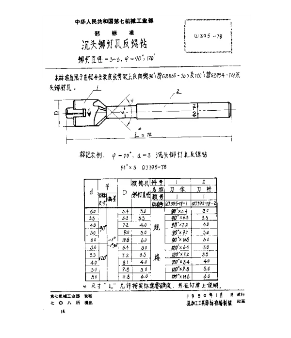 QJ 395-1978 沉头铆钉孔反锪钻(铆钉直径=3~6,ψ=90°、120°)