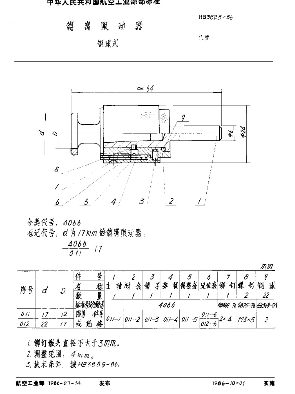 HB 3825-1986 锪窝限动器 钢球式