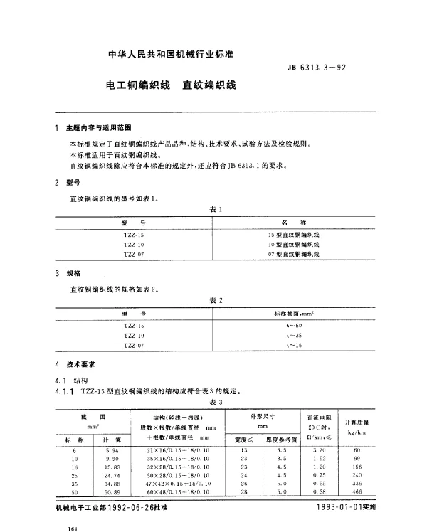JB 6313.3-1992 电工铜编织线 直纹编织线