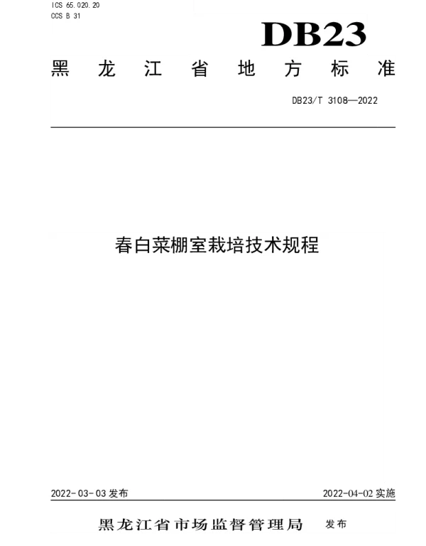 DB23T 3108—2022 春白菜棚室栽培技术规程