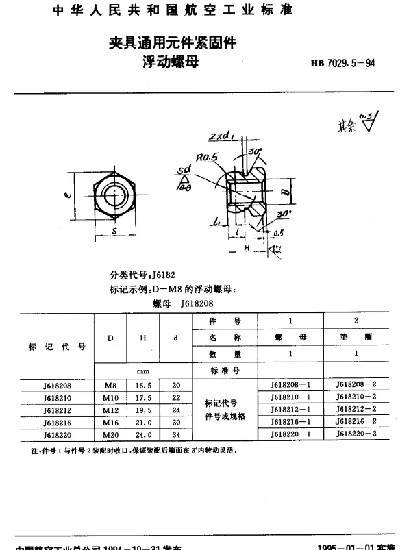 HB 7029.5-1994 夹具通用元件紧固件.浮动螺母