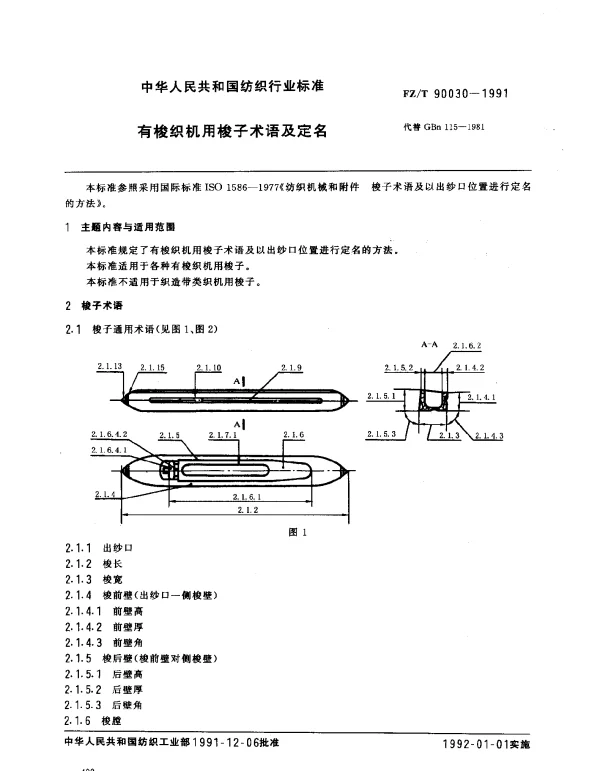 FZT 90030-1991 有梭织机用梭子术语及定名